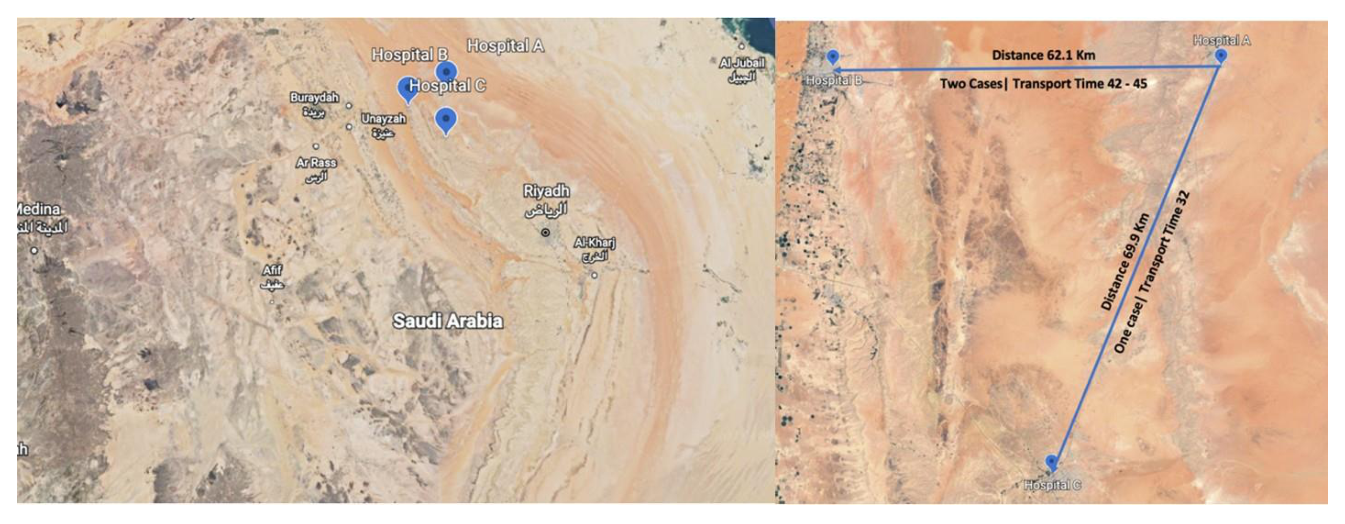 Figure. 1 . A satellite image of the hospitals and the distance between them.